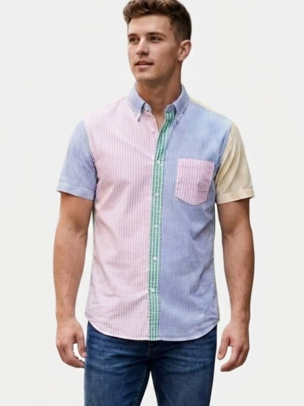 J.Crew Men's L Slim Fit Fun Stripe Multi-Color Short Sleeve Button Down Shirt 80